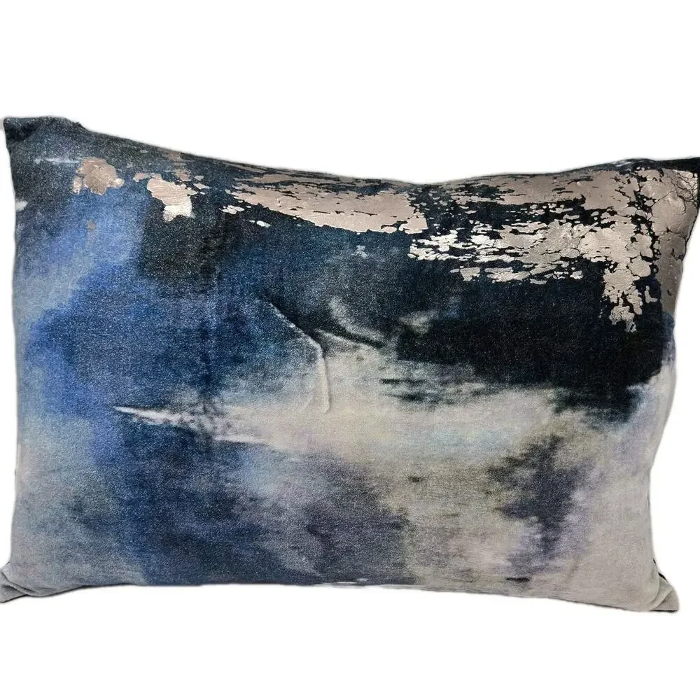 Jacquard And Velvet Blue Silver Metallic Lumbar Pillow 13x19
